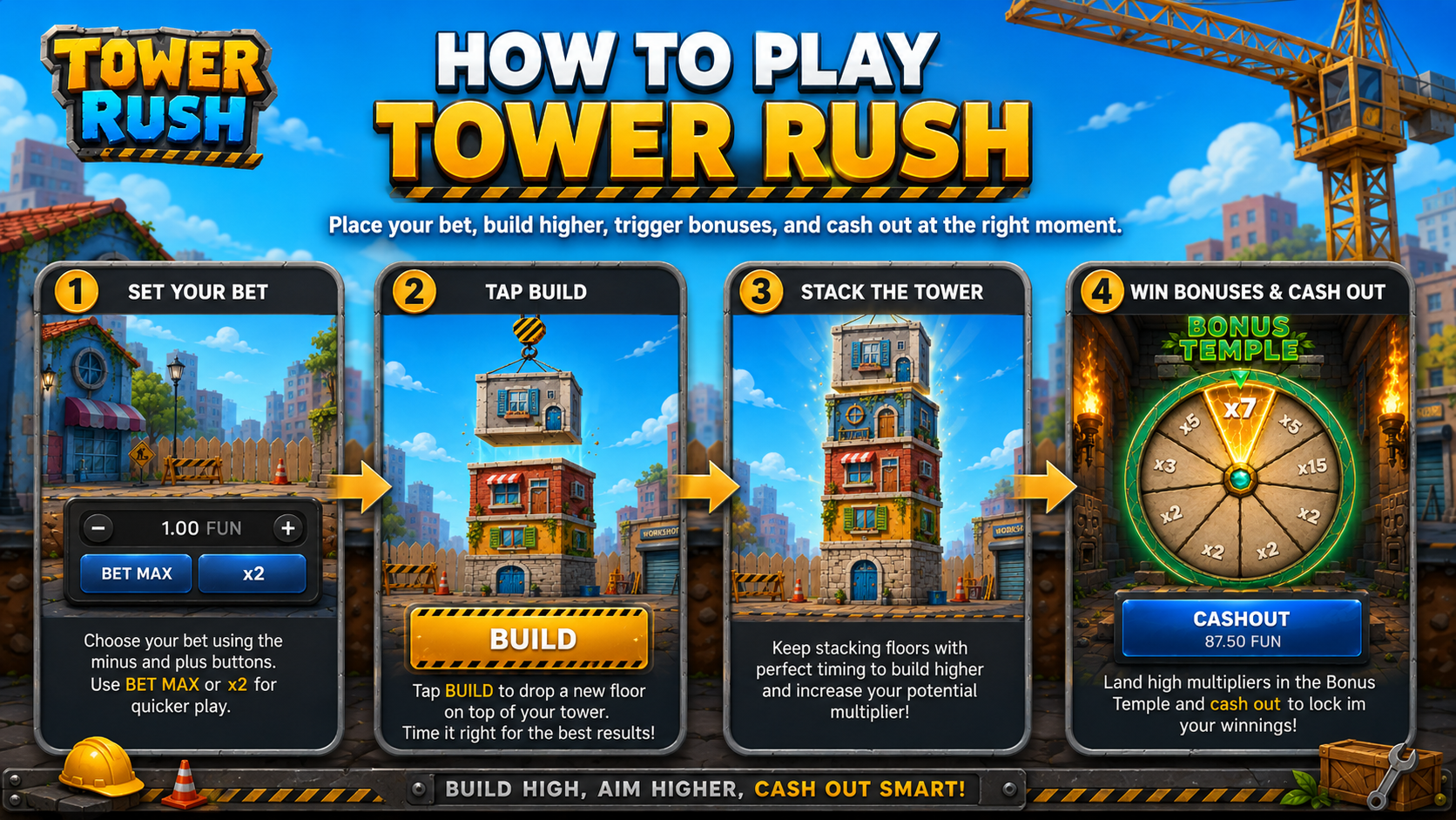 Tower Rush oyunu nasıl oynanır - bahis belirle, İnşa Et'e bas, sonra Para Çek