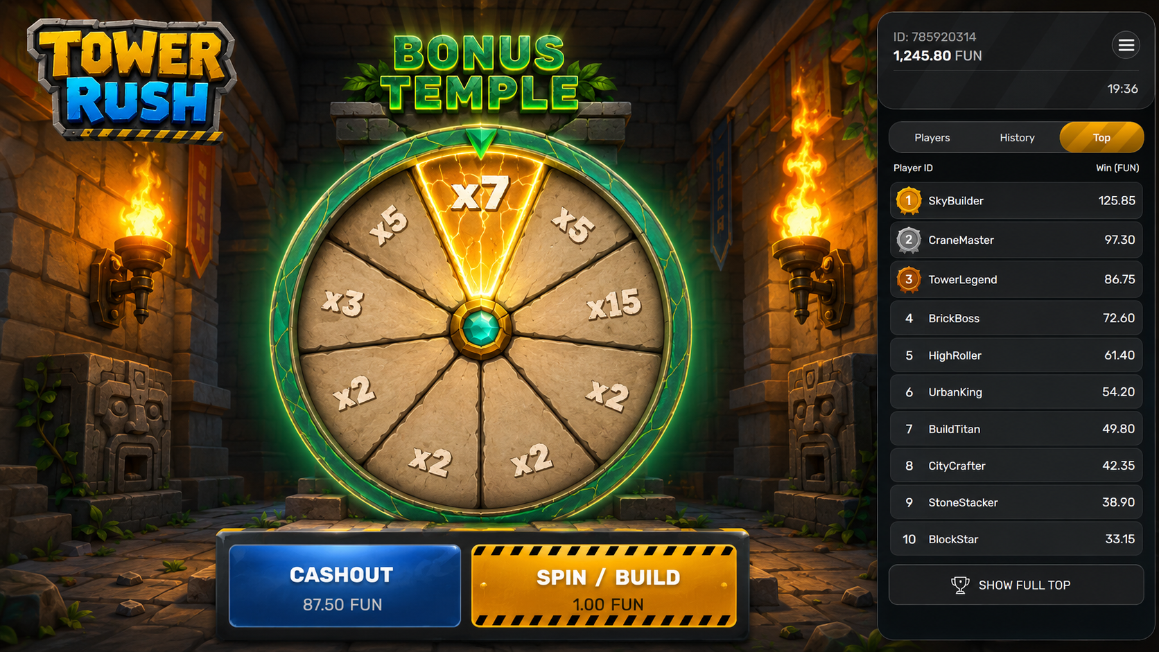 x1.5'den x7'ye kadar çarpanlarla Tower Rush oyunu Bonus Tapınak tekeri